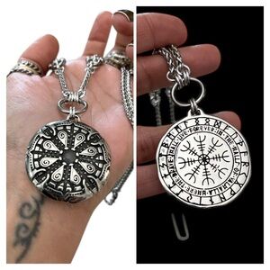 Reversible Viking shield compass runes celtic norse stainless steel necklace
